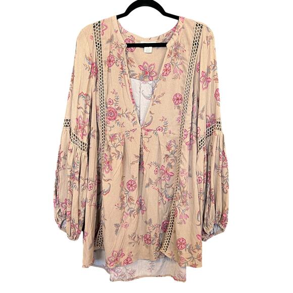 Festi Floral Light Tan V-Neck Tunic Blouse Size 2XL - Picture 1 of 3